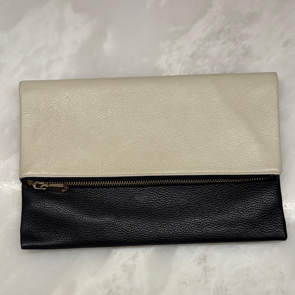 Neiman Marcus Leather Fold Over Clutch | Black & Cream